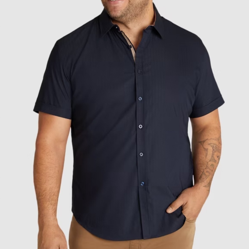 Johnny Bigg Mens Navy Textured Chevron Print Short Sleeve Button Front | Size 5x